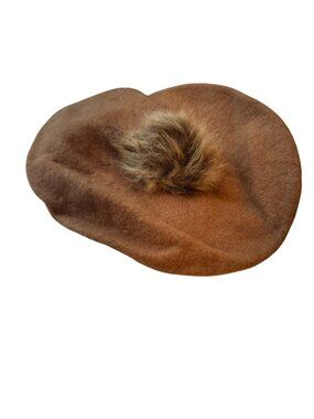 Brown Wool Beret With Faux Fur Pom Accent By Collection Eighteen
